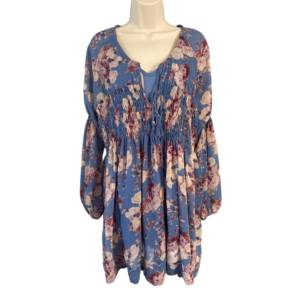 Altar'd State Blue Floral Smocked Empire Waist Mini Dress Long Sleeve Large